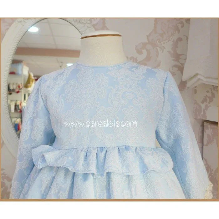 Vestido azul brocado con puntilla beig y gran lazada - PARDALETS