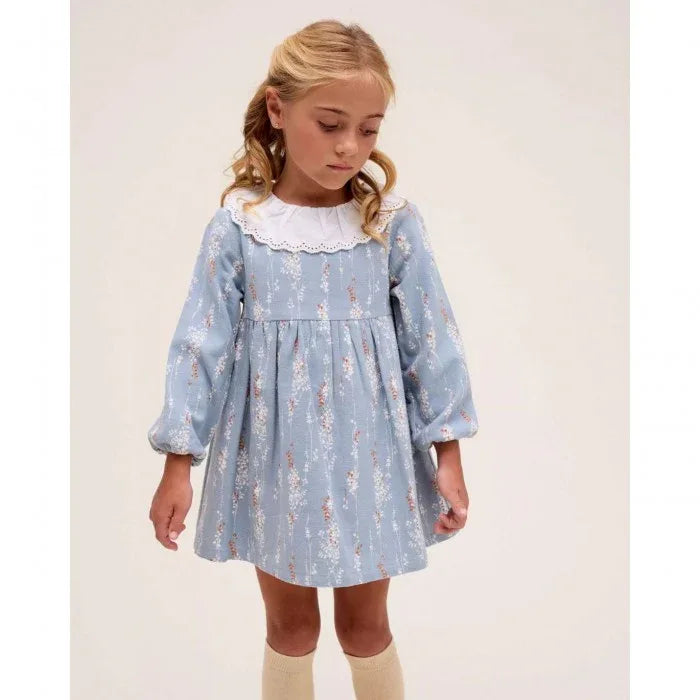 Vestido azul con cuello bordado blanco - PARDALETS