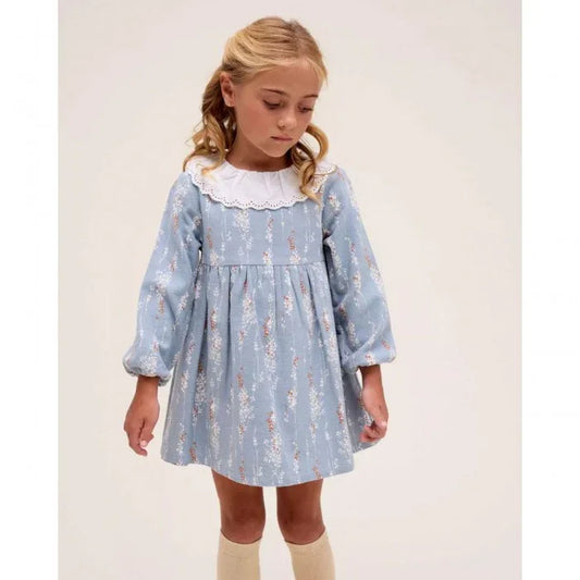 Vestido azul con cuello bordado blanco - PARDALETS