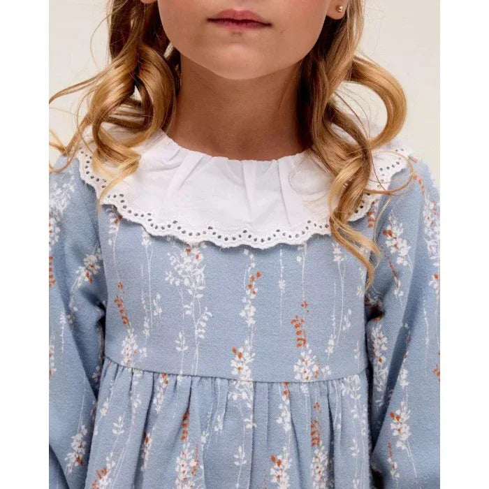 Vestido azul con cuello bordado blanco - PARDALETS