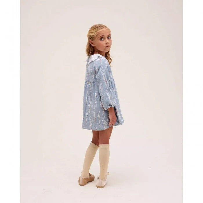 Vestido azul con cuello bordado blanco - PARDALETS