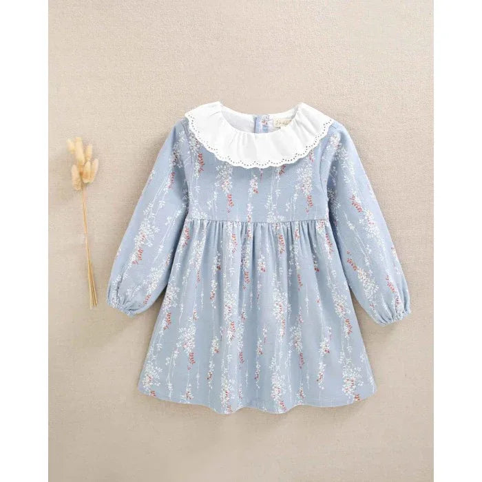 Vestido azul con cuello bordado blanco - PARDALETS