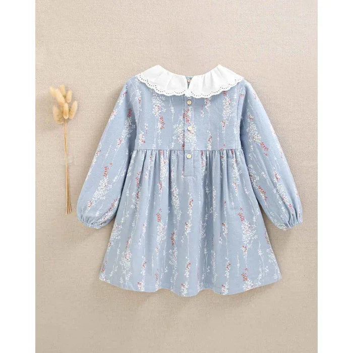 Vestido azul con cuello bordado blanco - PARDALETS