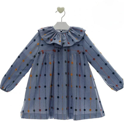 Vestido azul con pompones multicolor "Judy" - PARDALETS