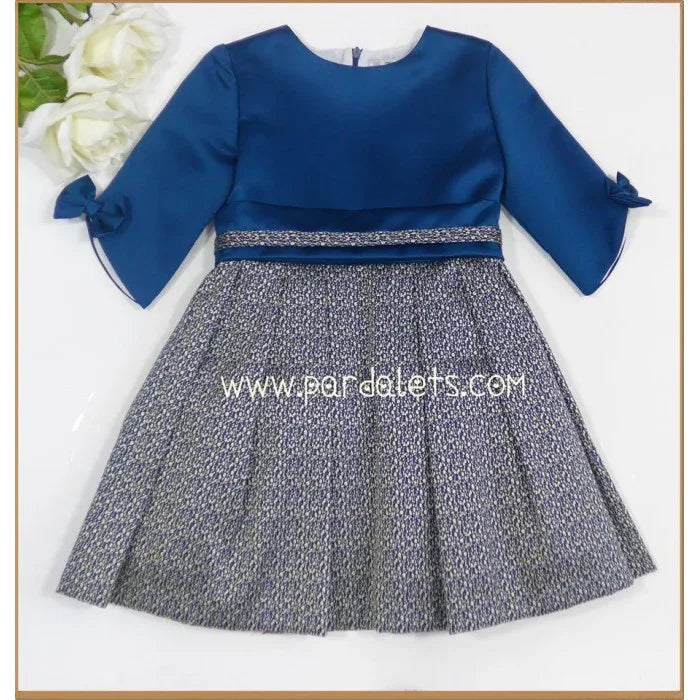 Vestido azul manga francesa con lazo y falda jaspeada - PARDALETS