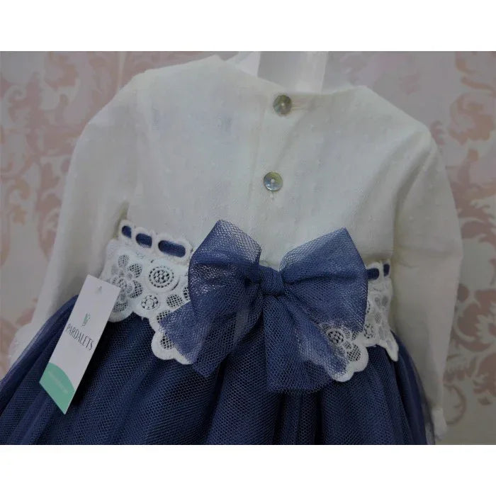 Vestido bebe tul beig y azul marino con volante - PARDALETS