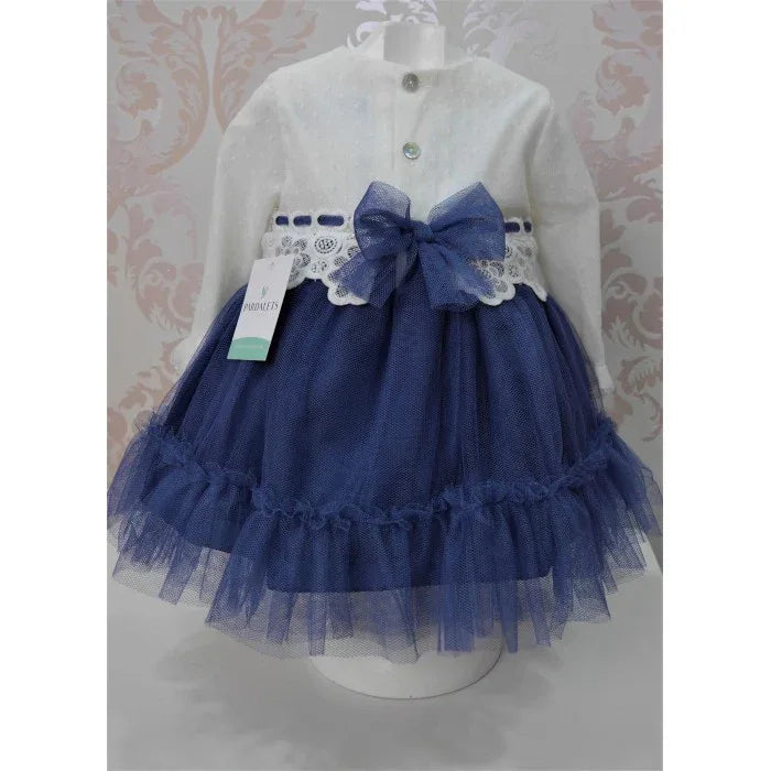 Vestido bebe tul beig y azul marino con volante - PARDALETS