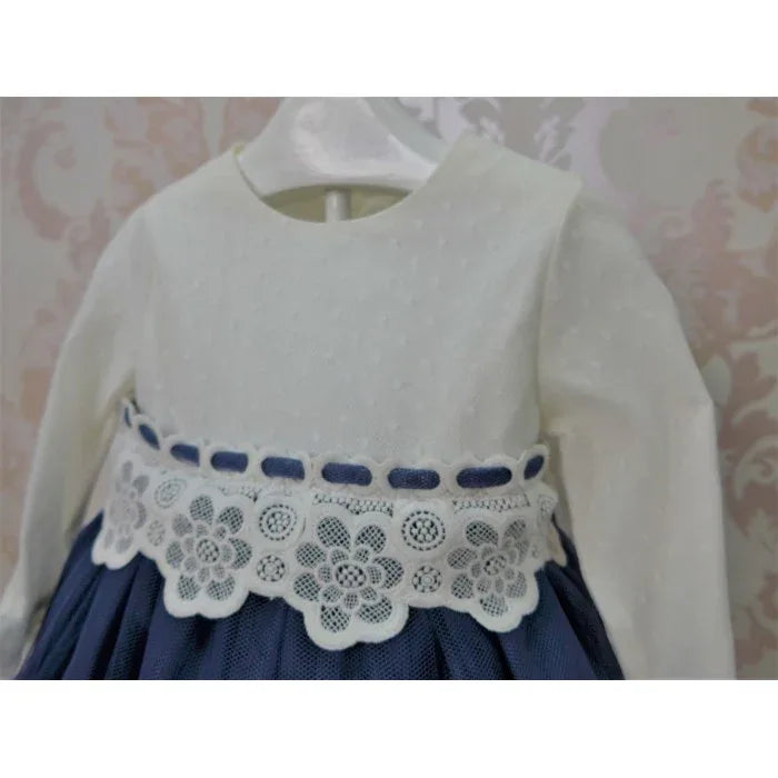 Vestido bebe tul beig y azul marino con volante - PARDALETS