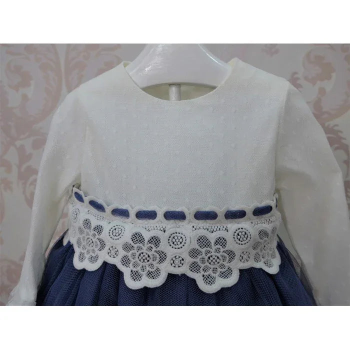 Vestido bebe tul beig y azul marino con volante - PARDALETS