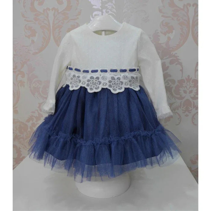 Vestido bebe tul beig y azul marino con volante - PARDALETS