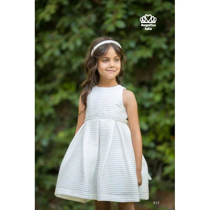 Vestido beig rayado con fajin pedreria - PARDALETS