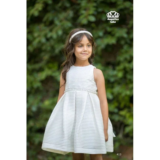 Vestido beig rayado con fajin pedreria - PARDALETS