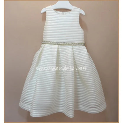 Vestido beig rayado con fajin pedreria - PARDALETS