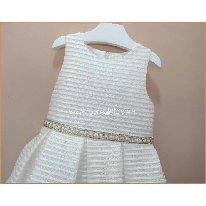 Vestido beig rayado con fajin pedreria - PARDALETS