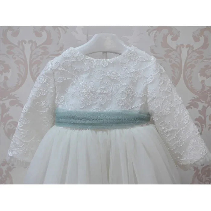 Vestido blanco roto cuerpo tul bordado floral y fajin verde - PARDALETS