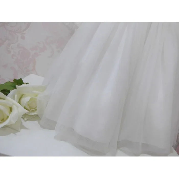 Vestido blanco roto cuerpo tul bordado floral y fajin verde - PARDALETS