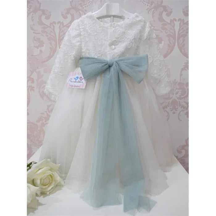 Vestido blanco roto cuerpo tul bordado floral y fajin verde - PARDALETS