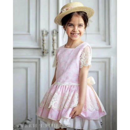 Vestido brocado rosa y beig talle bajo - PARDALETS