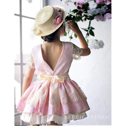 Vestido brocado rosa y beig talle bajo - PARDALETS
