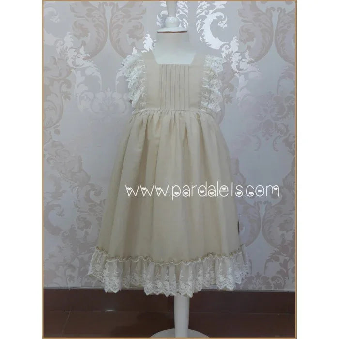 Vestido lino camel con puntilla - PARDALETS