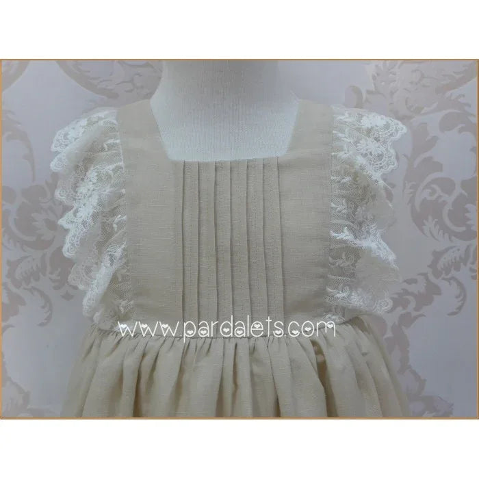 Vestido lino camel con puntilla - PARDALETS