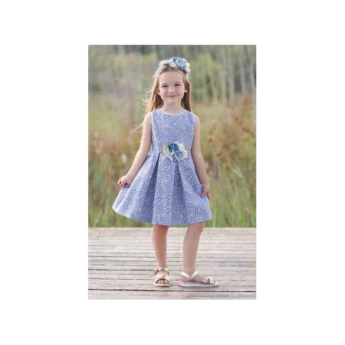 Vestido ceremonia azul rosell estampado con broche flores - PARDALETS