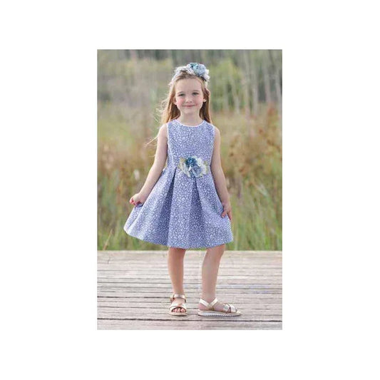 Vestido ceremonia azul rosell estampado con broche flores - PARDALETS