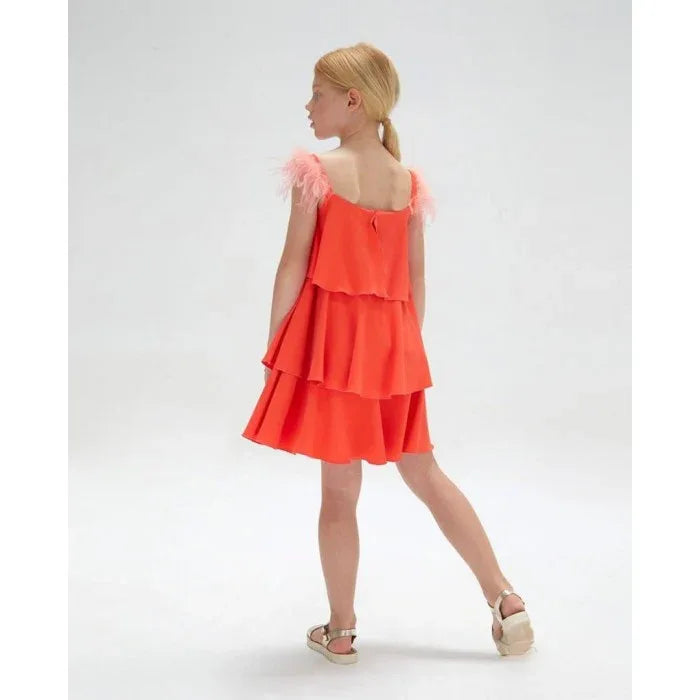 Vestido crep coral con plumas - PARDALETS