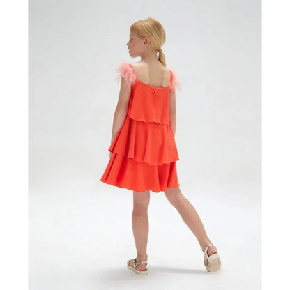 Vestido crep coral con plumas - PARDALETS
