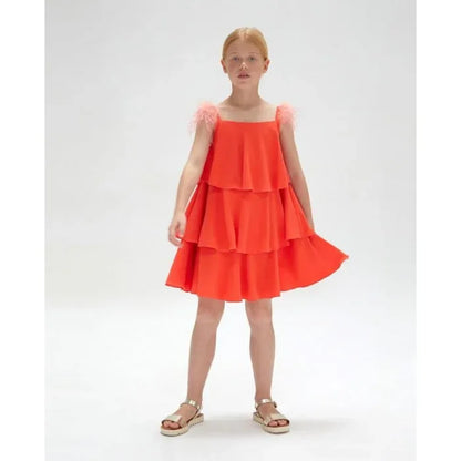 Vestido crep coral con plumas - PARDALETS