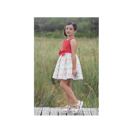 Vestido cuerpo rojo, falda floral y gran lazada - PARDALETS
