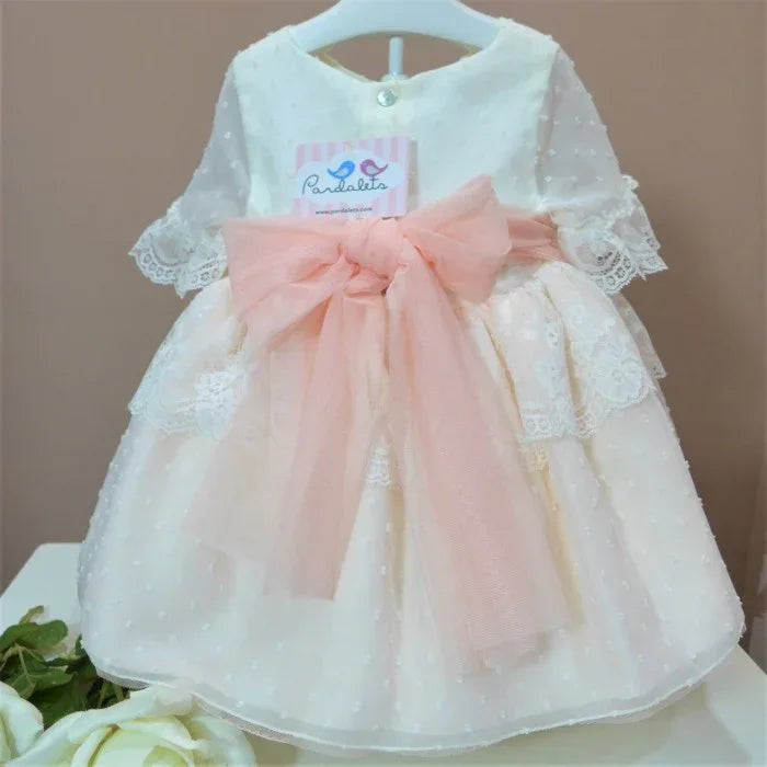 Vestido de tul de plumeti beig y rosa - PARDALETS
