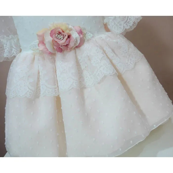 Vestido de tul de plumeti beig y rosa - PARDALETS