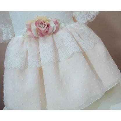 Vestido de tul de plumeti beig y rosa - PARDALETS