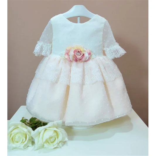 Vestido de tul de plumeti beig y rosa - PARDALETS