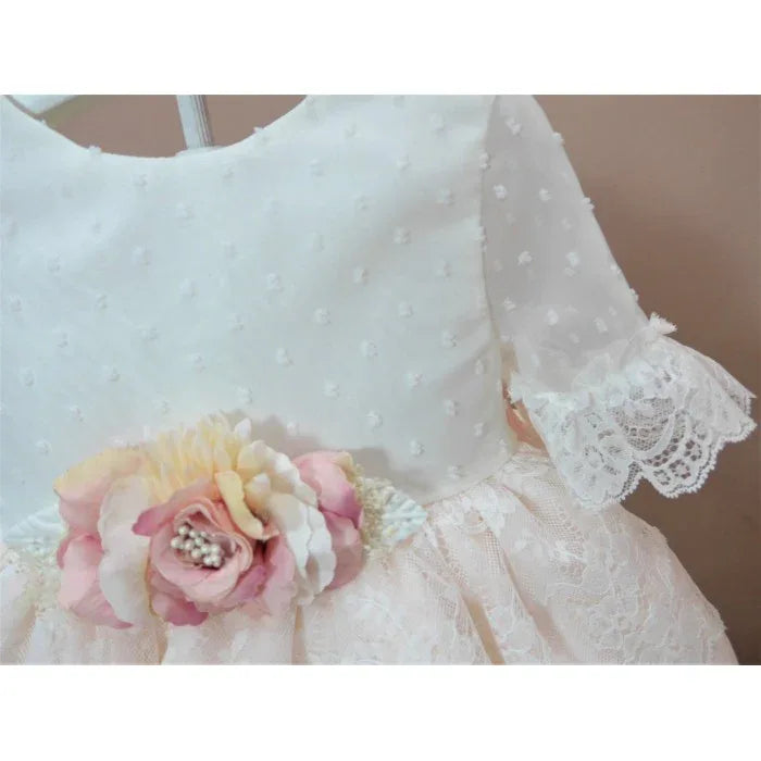 Vestido de tul de plumeti beig y rosa - PARDALETS