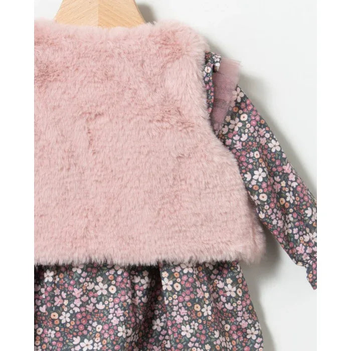 Vestido flores malva y chaleco pelito rosa - PARDALETS
