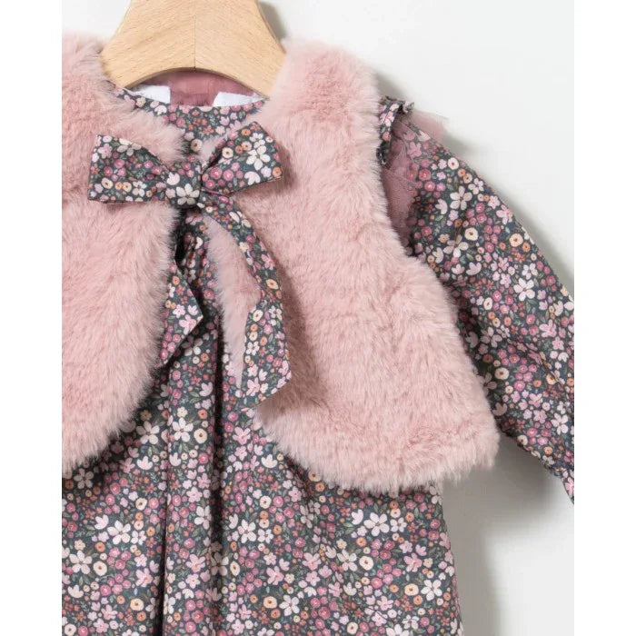 Vestido flores malva y chaleco pelito rosa - PARDALETS