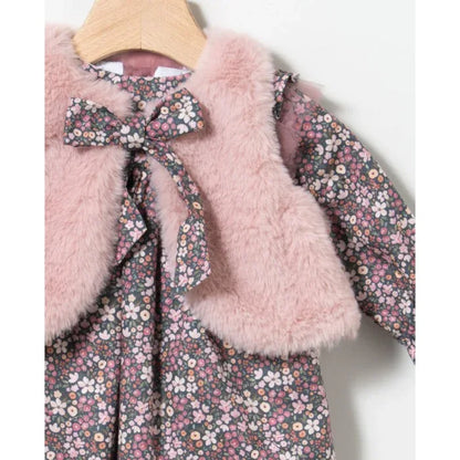 Vestido flores malva y chaleco pelito rosa - PARDALETS