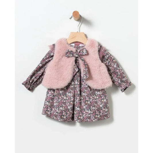 Vestido flores malva y chaleco pelito rosa - PARDALETS