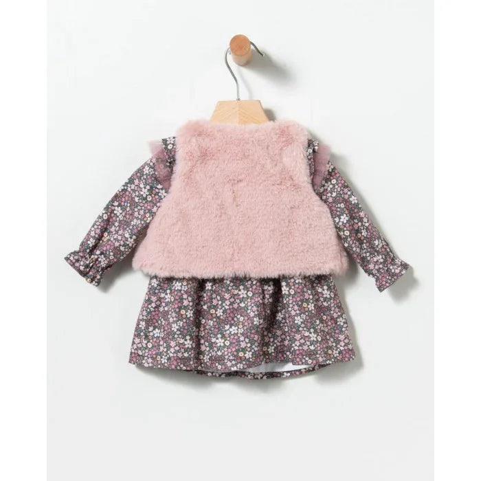Vestido flores malva y chaleco pelito rosa - PARDALETS