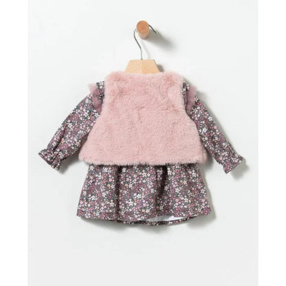 Vestido flores malva y chaleco pelito rosa - PARDALETS