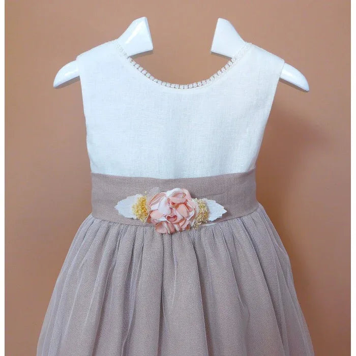 Vestido infantil sin mangas lino crudo y malva - PARDALETS