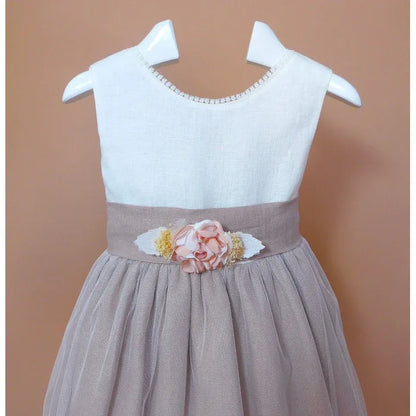 Vestido infantil sin mangas lino crudo y malva - PARDALETS