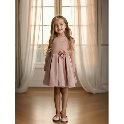 Vestido infantil neopreno y tul rosa empolvado con manga - PARDALETS