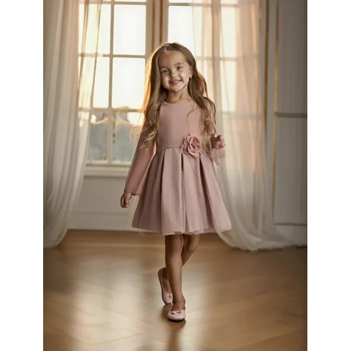 Vestido infantil neopreno y tul rosa empolvado con manga - PARDALETS