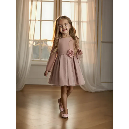 Vestido infantil neopreno y tul rosa empolvado con manga - PARDALETS