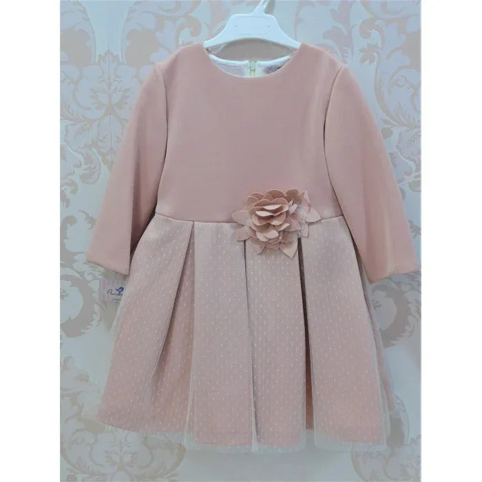 Vestido infantil neopreno y tul rosa empolvado con manga - PARDALETS