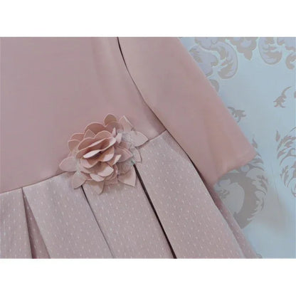 Vestido infantil neopreno y tul rosa empolvado con manga - PARDALETS