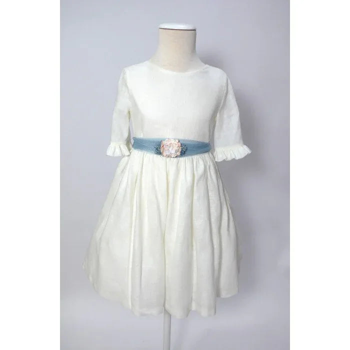 Vestido lino beig manga francesa y fajin azul empolvado - PARDALETS